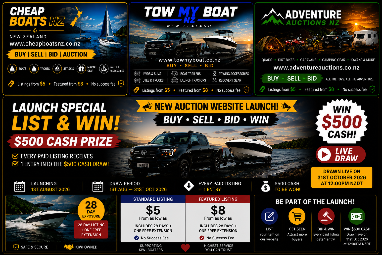 NZ Auction Network — Cheap Boats NZ, Tow My Boat NZ and Adventure Auctions NZ launch special